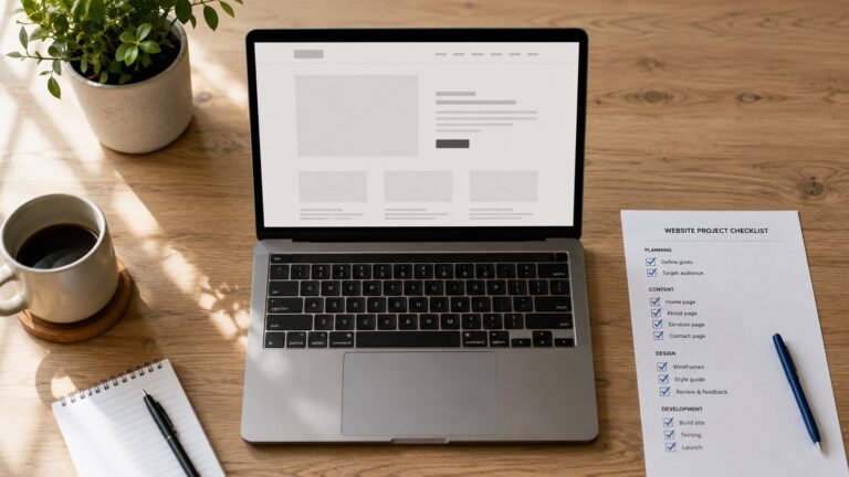 Small business website checklist on a desk beside an open laptop showing a website wireframe