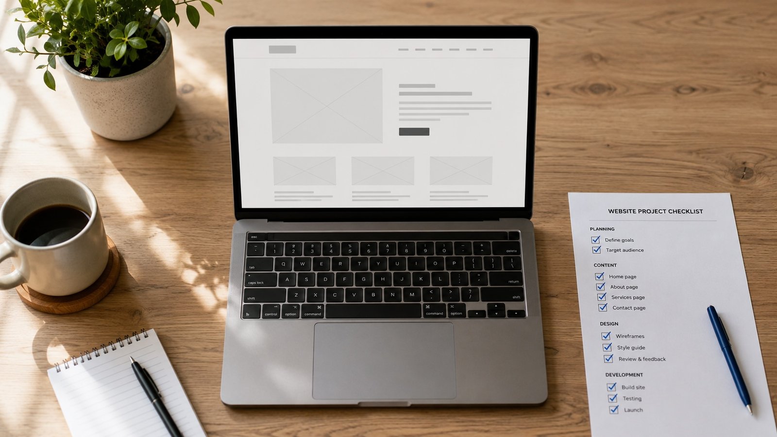 Small business website checklist on a desk beside an open laptop showing a website wireframe