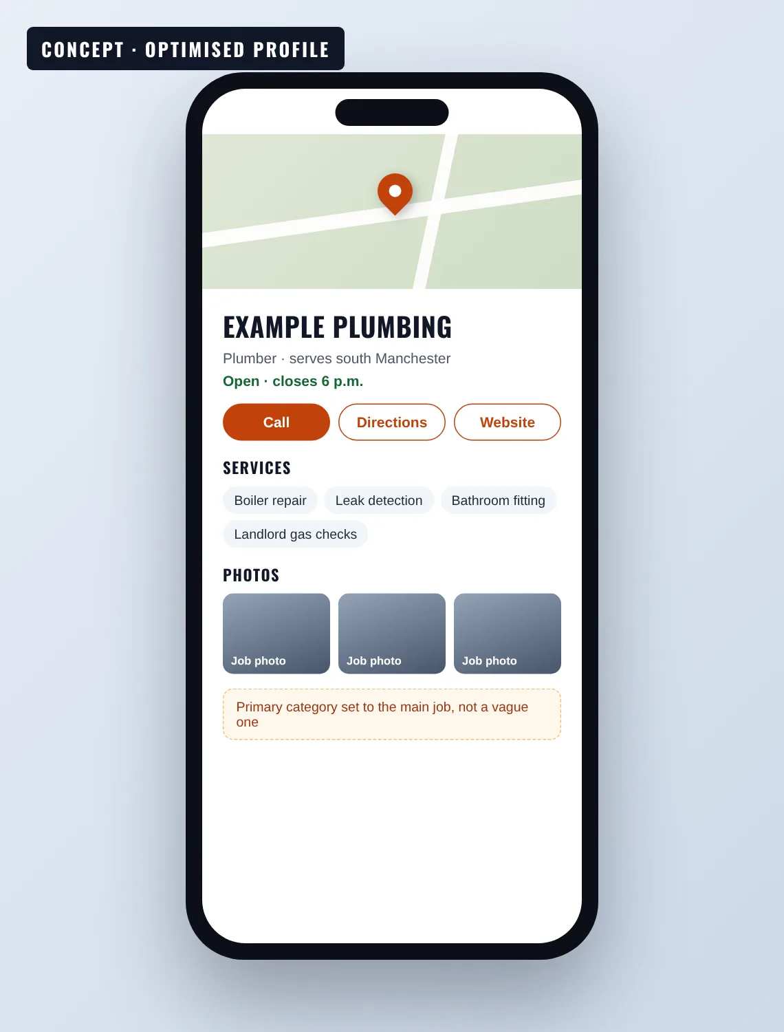 Affordable local SEO services concept: an optimised business profile for a fictional plumber, with the right category, services, opening hours and real job photos