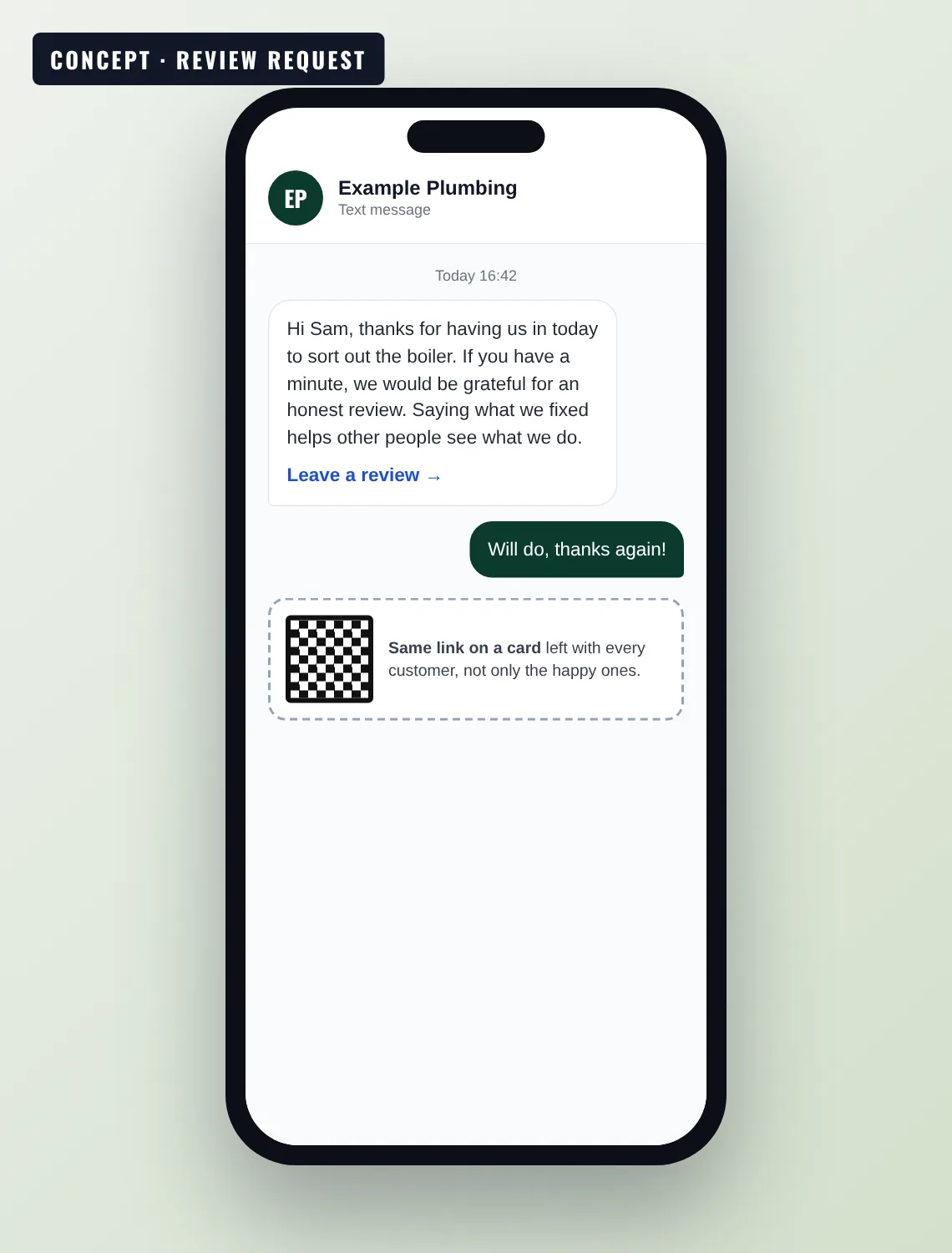 Affordable local SEO services concept: a review request text message and card that a fictional plumber sends to every customer