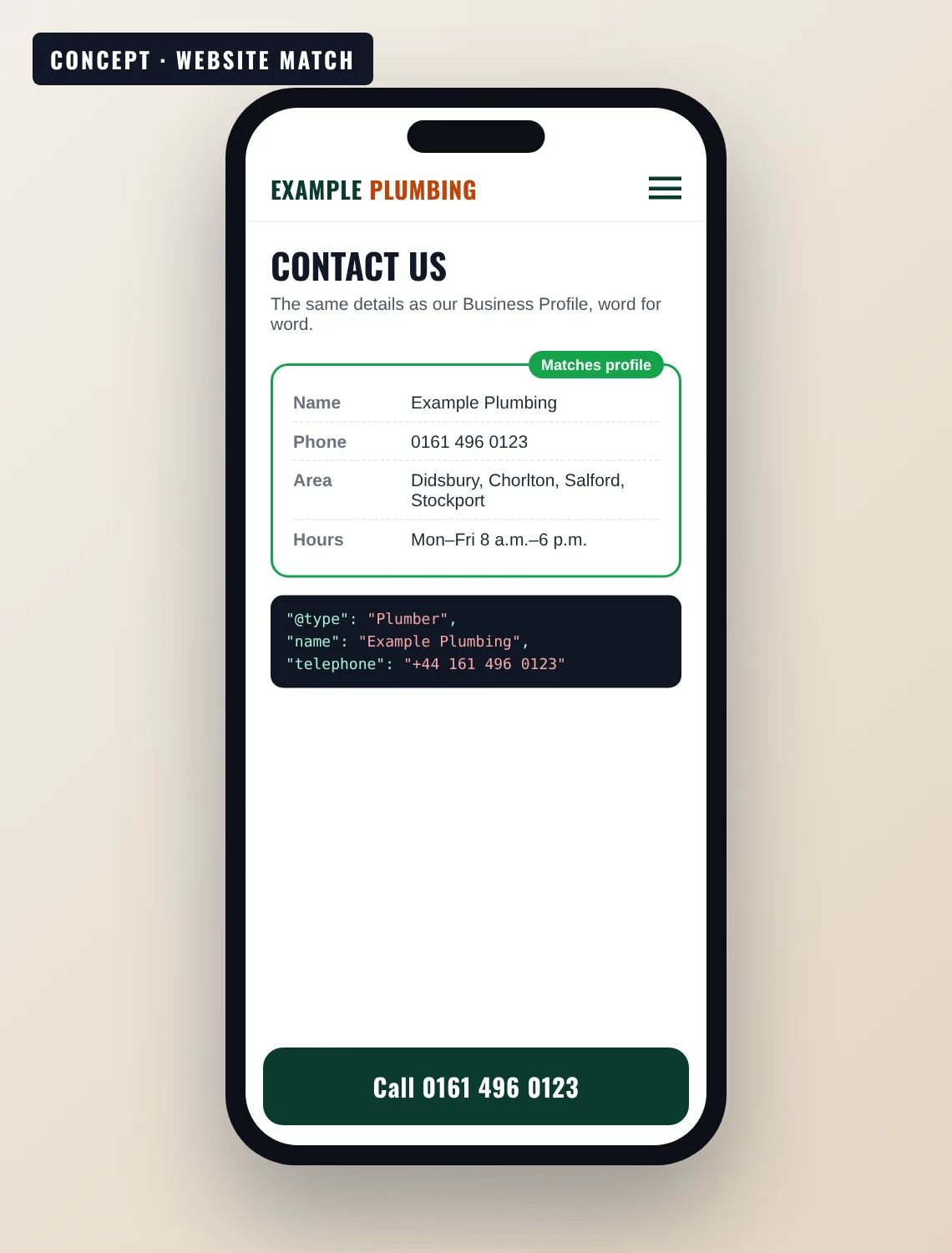 Affordable local SEO services concept: a contact page whose name, phone, area and hours match the business profile, with LocalBusiness schema