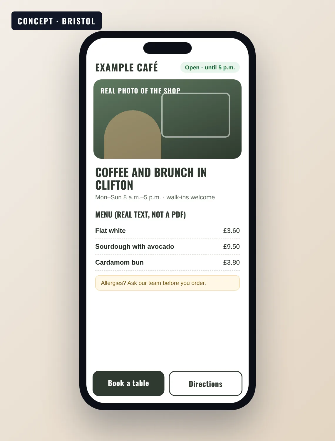 Affordable web design UK concept: mobile site for a fictional Bristol café with opening hours, a text menu in pounds and an allergen notice