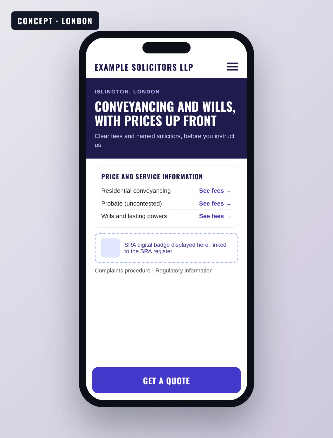 Affordable web design UK concept: mobile site for a fictional London solicitors firm with price and service information and an SRA badge slot