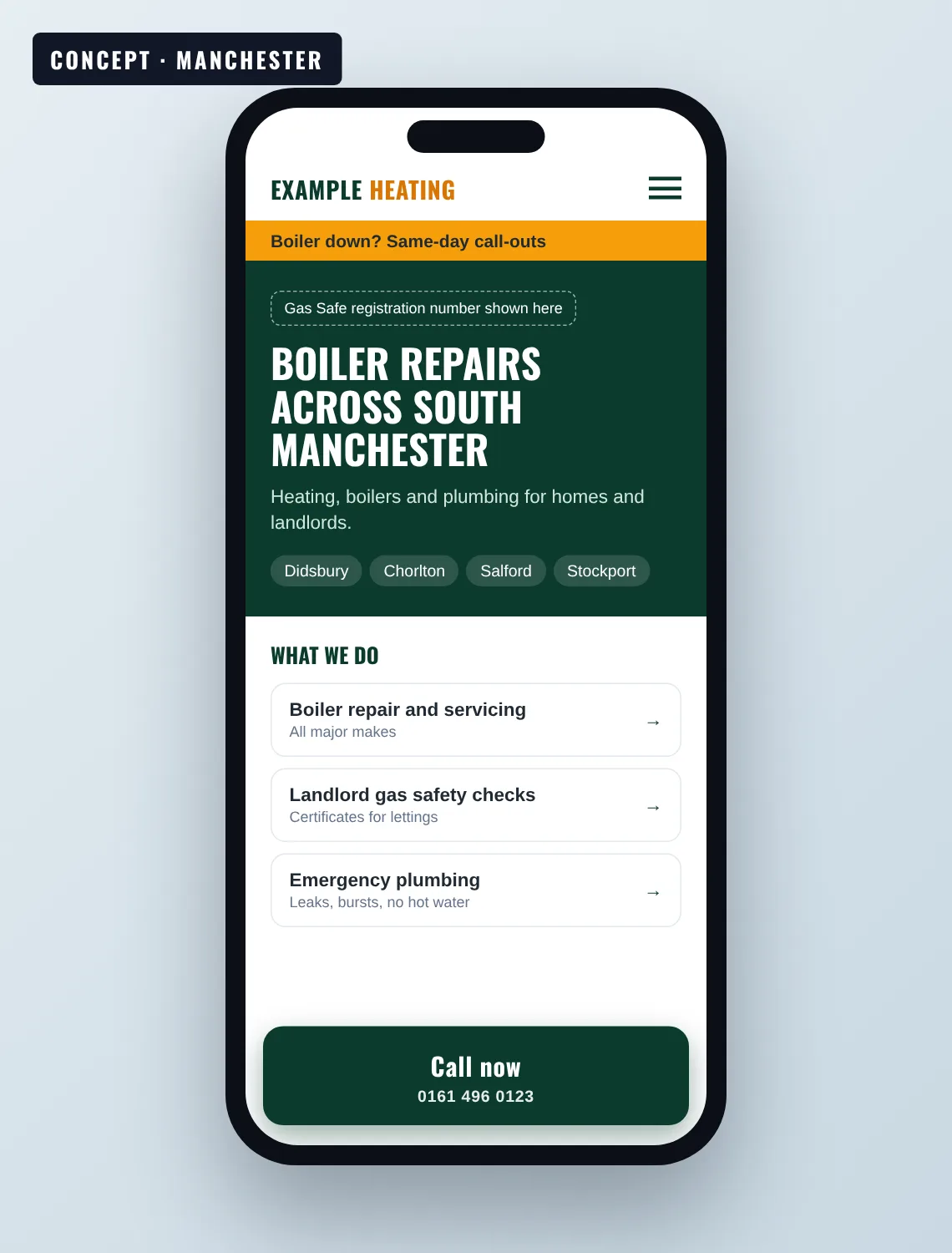 Affordable web design UK concept: mobile site for a fictional Manchester heating engineer with a Gas Safe number slot, service list and call button