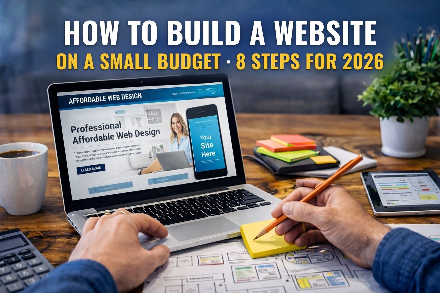 How to build a website on a small budget: laptop with a website mockup, sticky notes and wireframe sketches on a desk