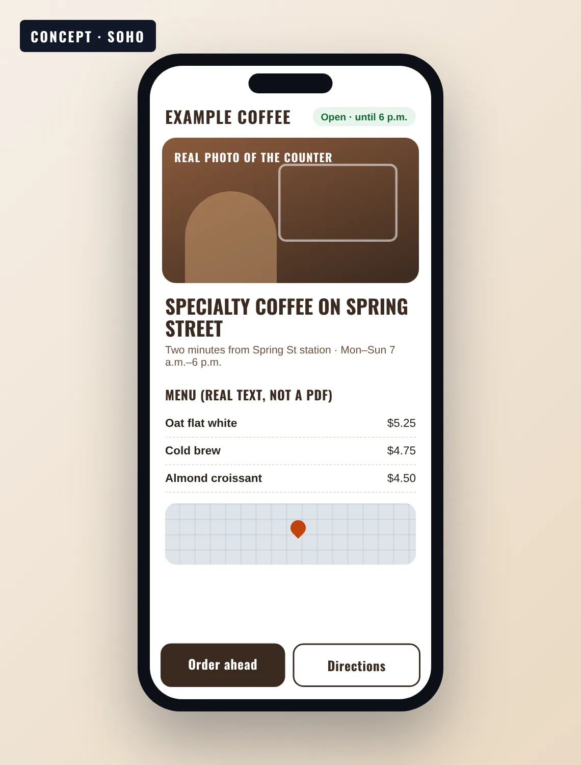 Small business web design NYC example: concept one-page site for a SoHo coffee shop with opening hours and a text menu