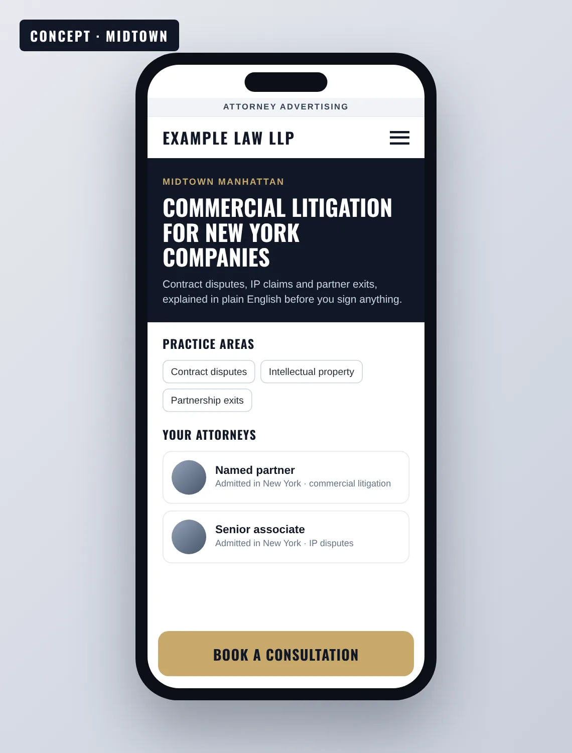 Small business web design NYC example: concept law firm page in Midtown with the Attorney Advertising label