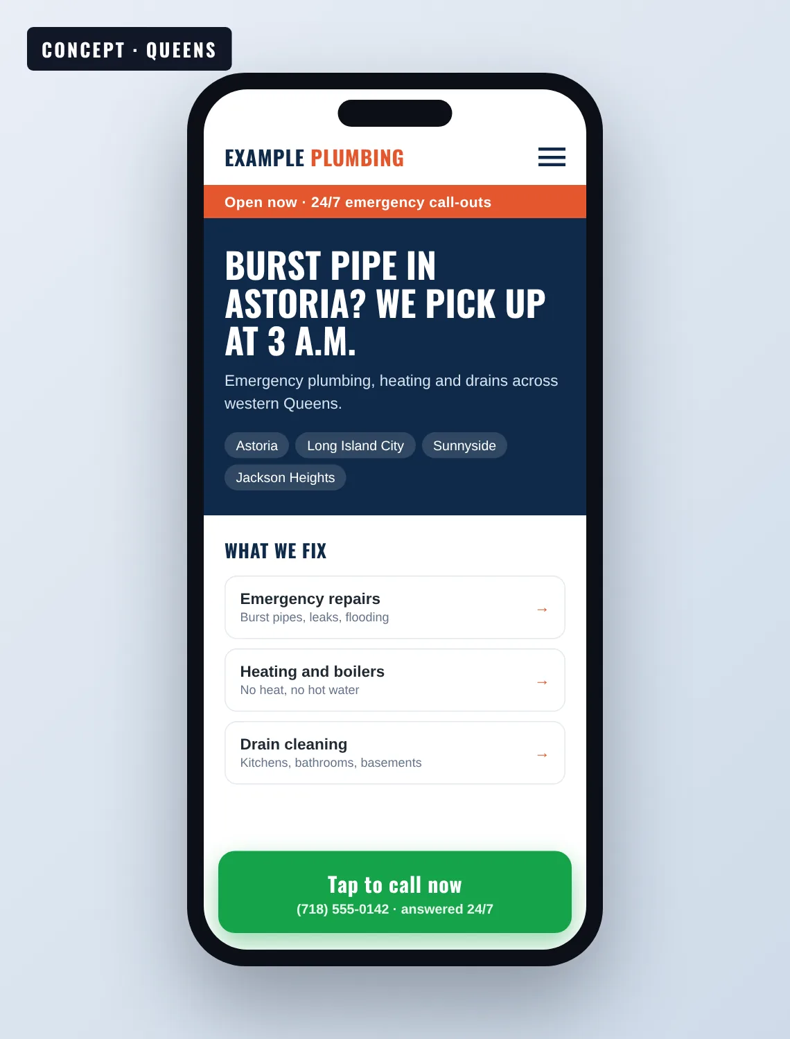 Small business web design NYC example: concept mobile page for a 24/7 plumber in Astoria, Queens, with a tap-to-call button