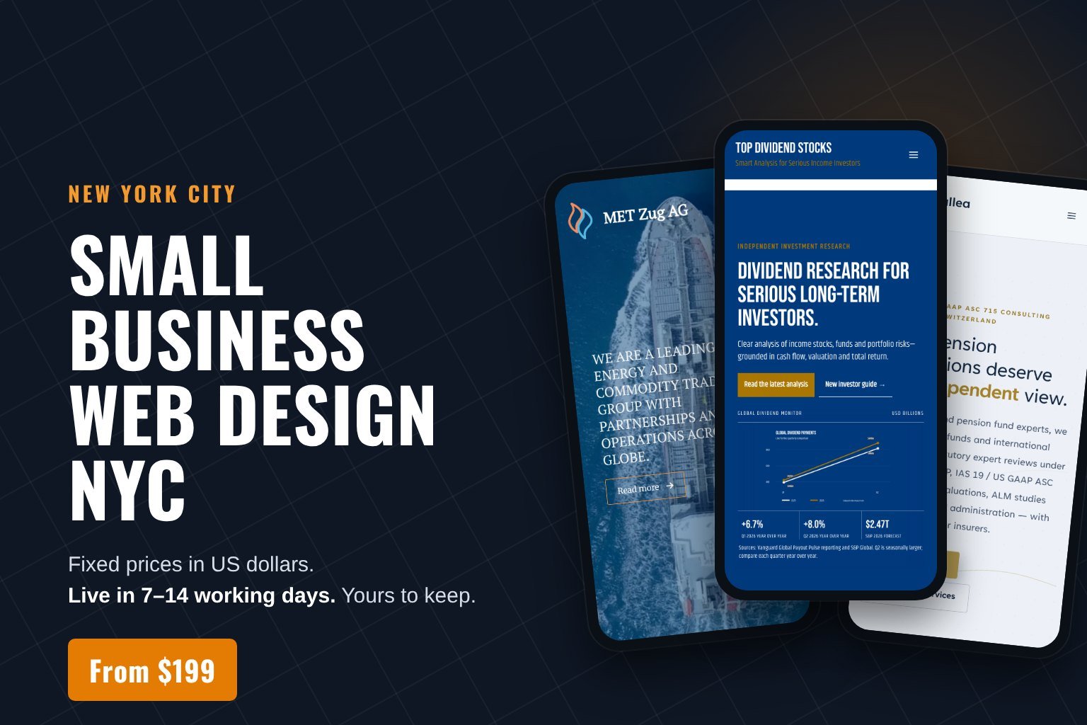 Small business web design NYC: fixed prices from $199, shown with three mobile websites we built