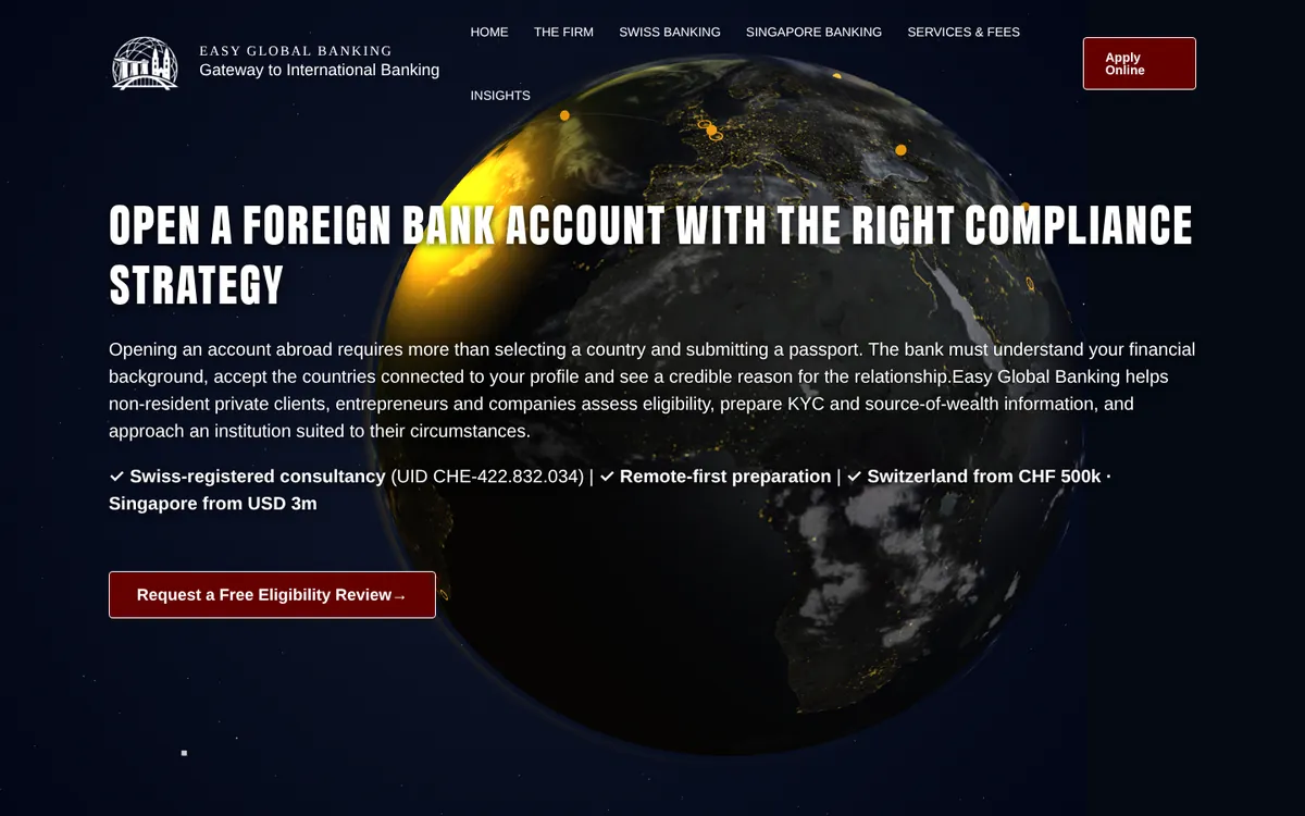 Easy Global Banking homepage: an international banking advisory site